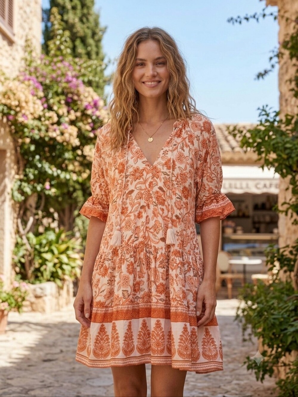 Free People Women's Boho Cottagecore Peasant Orange Floral Midi Dress Size M